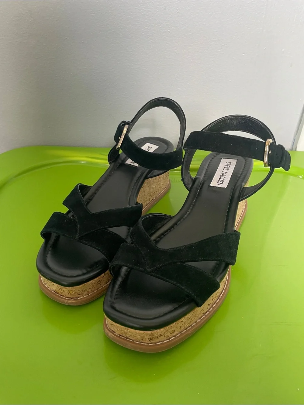 Steve Madden 7.5 Robbin Suede Straps Cork Wedge Open Toe Sandals Summer Resort - Picture 1 of 8